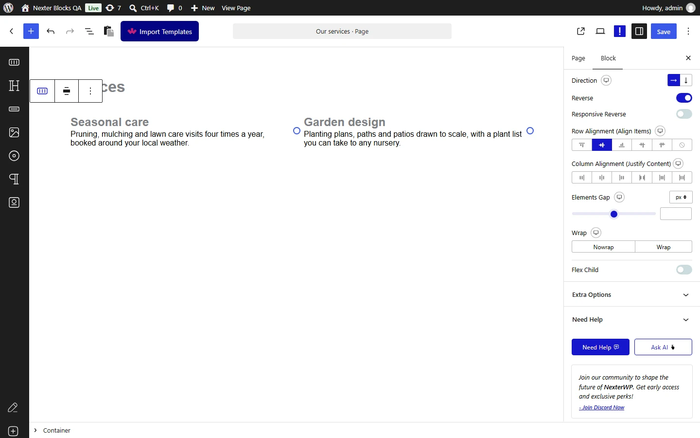 Nexter Blocks Container editor: Flex Property panel with Reverse switched on, columns shown in reverse order