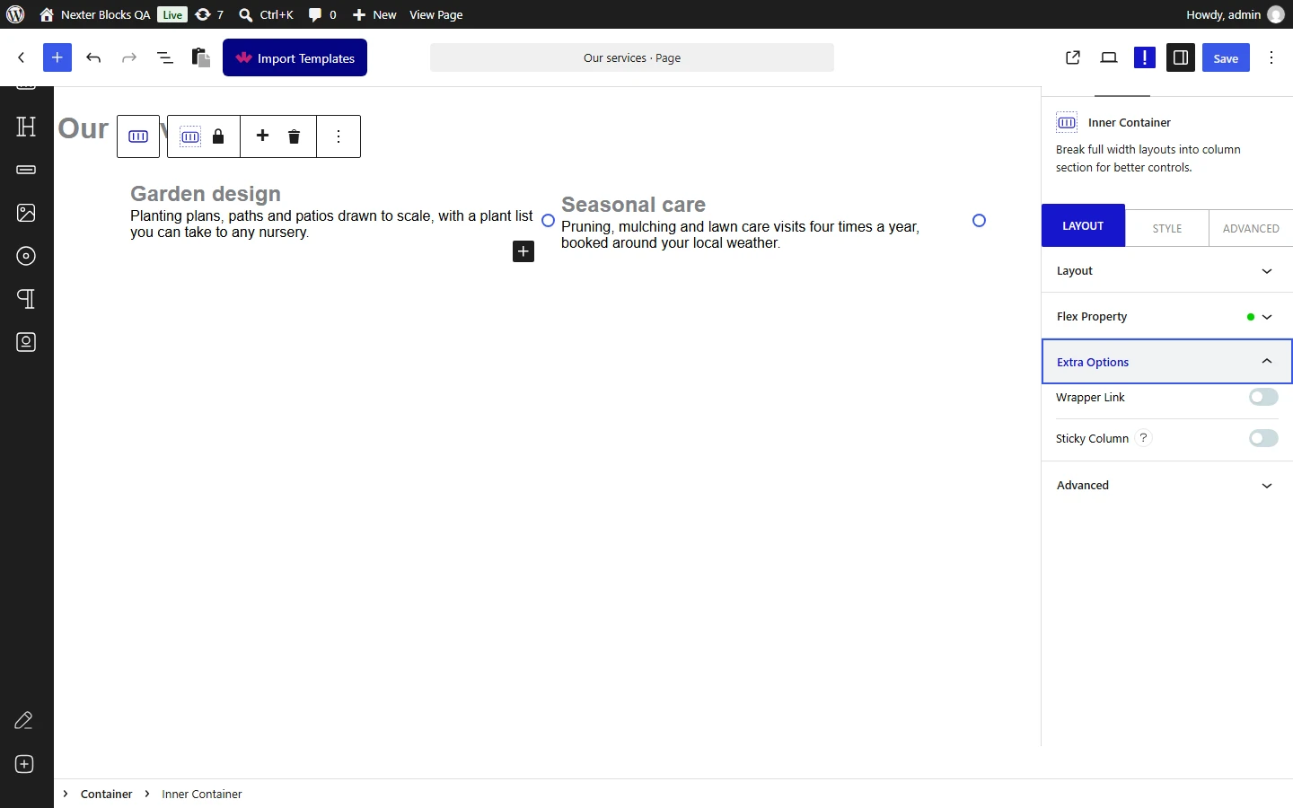 Nexter Blocks Container editor: Inner Container Extra Options with Wrapper Link and Sticky Column
