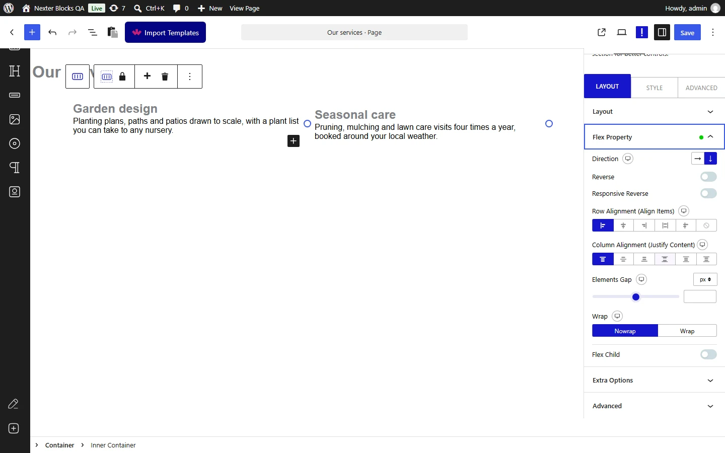 Nexter Blocks Container editor: Inner Container Flex Property panel