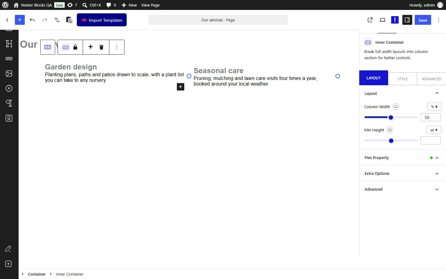 Nexter Blocks Container editor: Inner Container selected, Layout panel with Column Width and Min Height