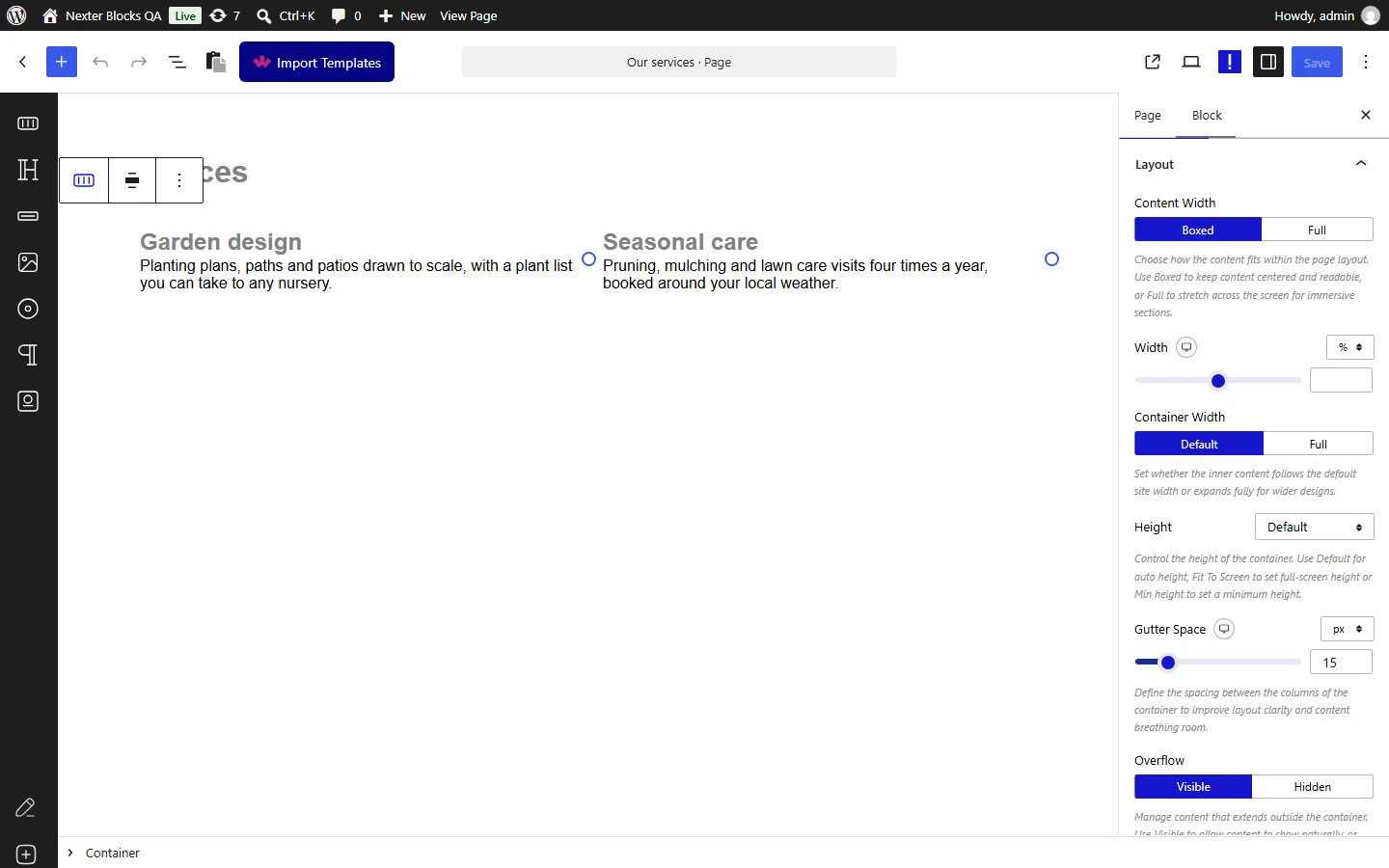Nexter Blocks Container editor: Layout panel with Content Width, Width, Container Width and Height