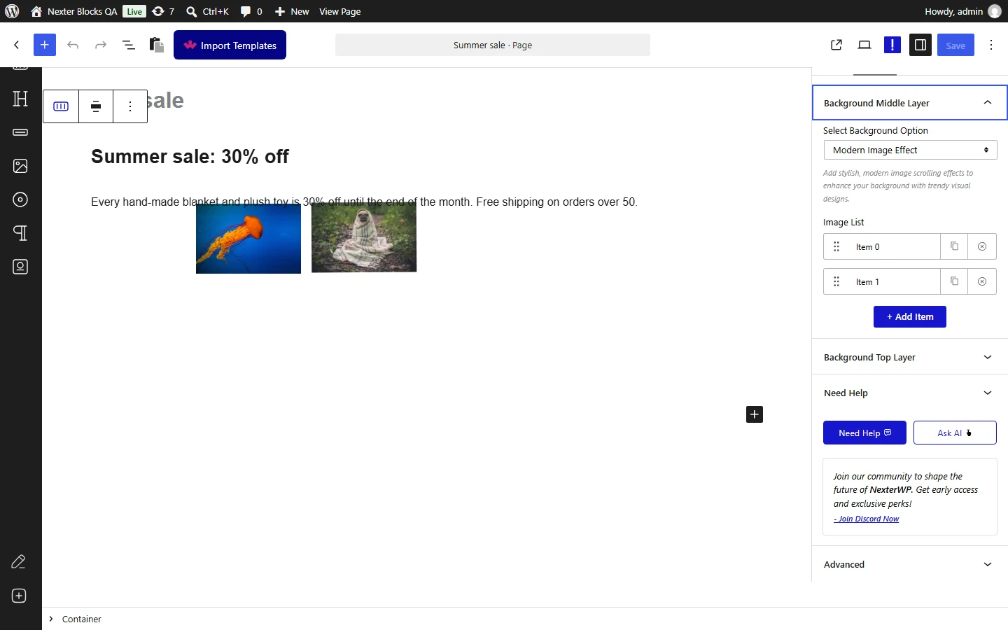Nexter Blocks Container editor: Style tab, Background Middle Layer set to Modern Image Effect with an image list of two items