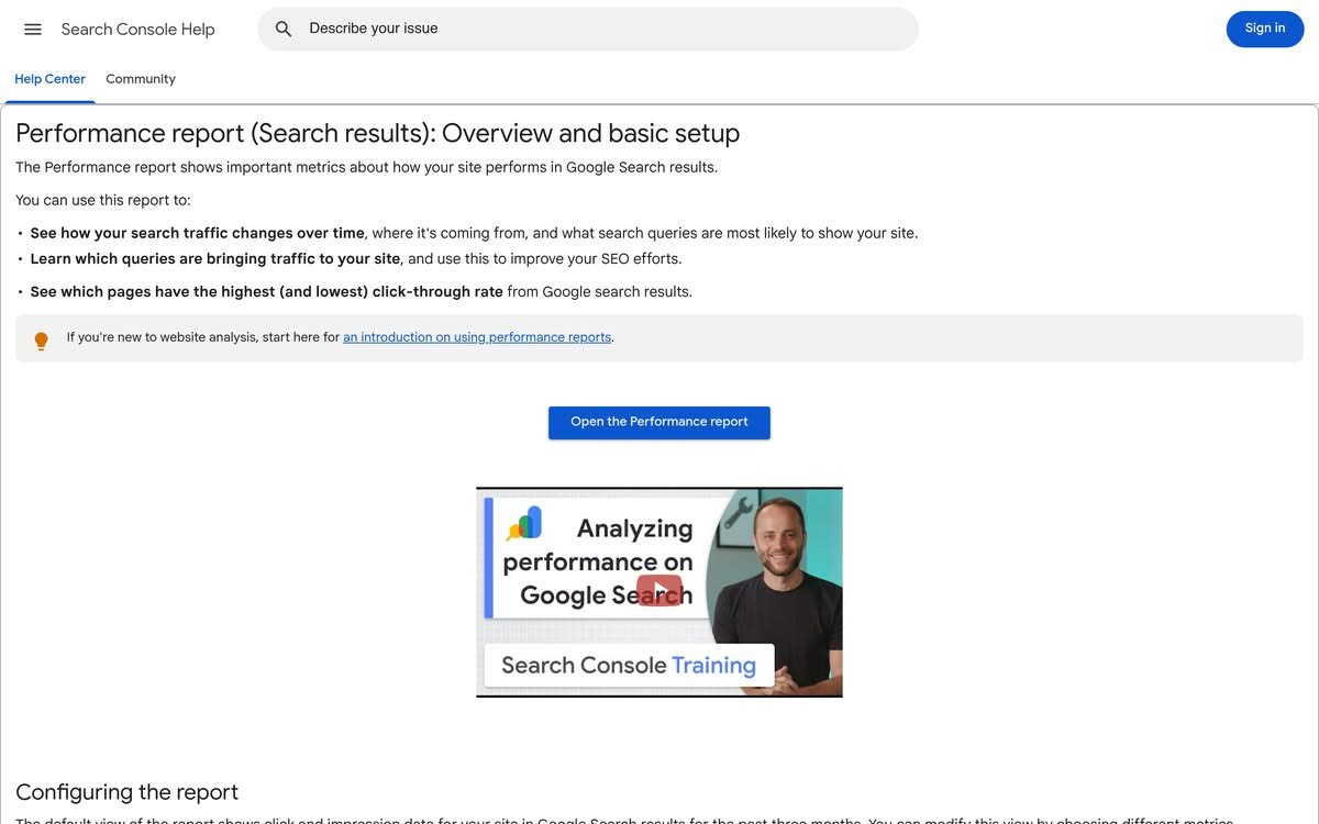 Google Search Console help center page describing the Performance report