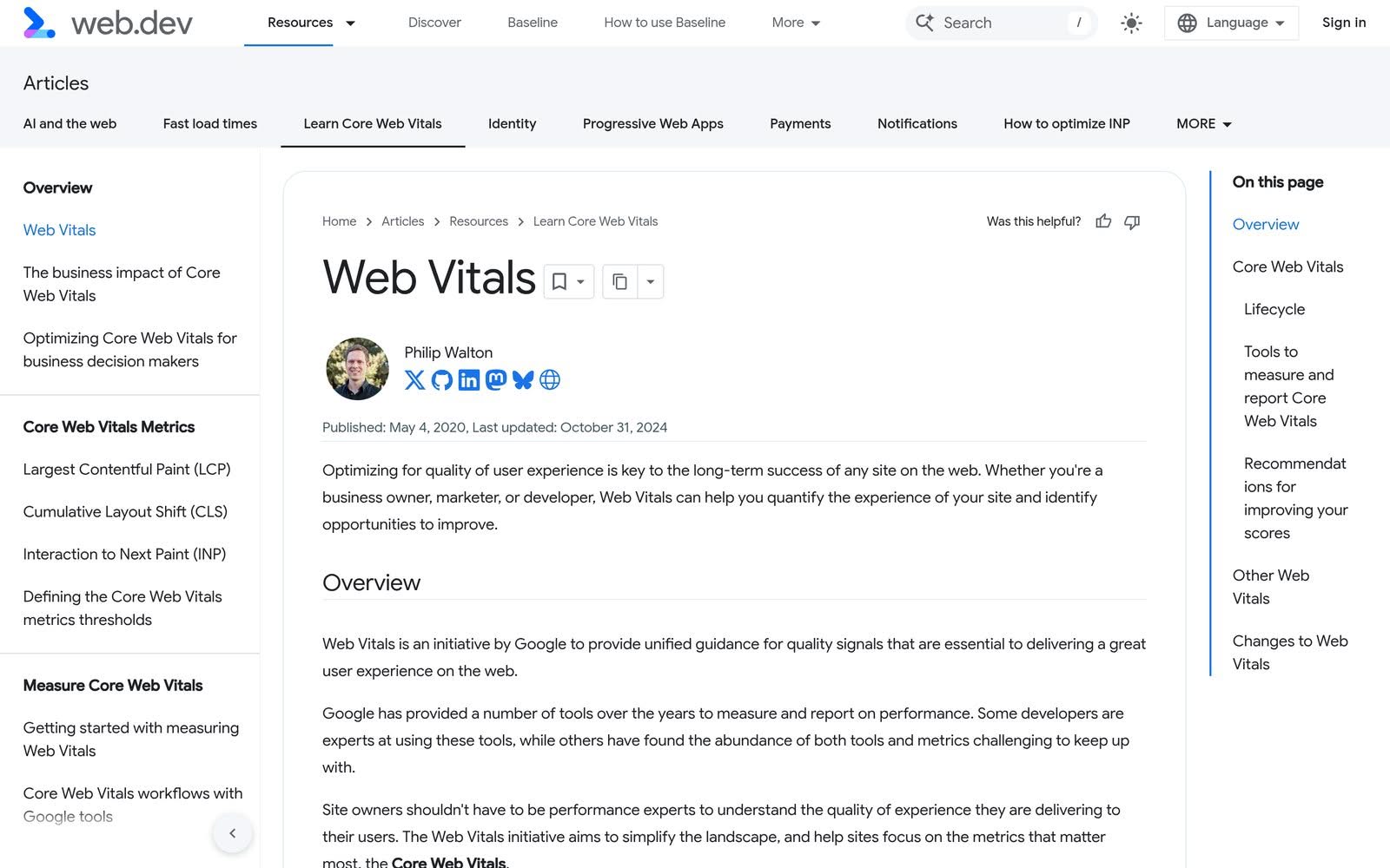 Google web.dev documentation showing the Core Web Vitals metrics and their threshold values