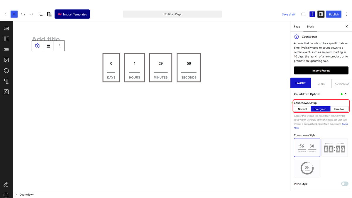 The Countdown Setup setting with Evergreen chosen