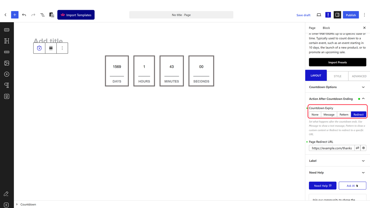 The Countdown Expiry setting with Redirect chosen