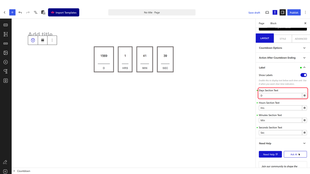 The Label panel with custom unit text
