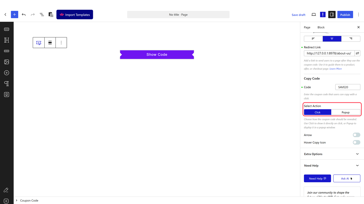 The Select Action setting