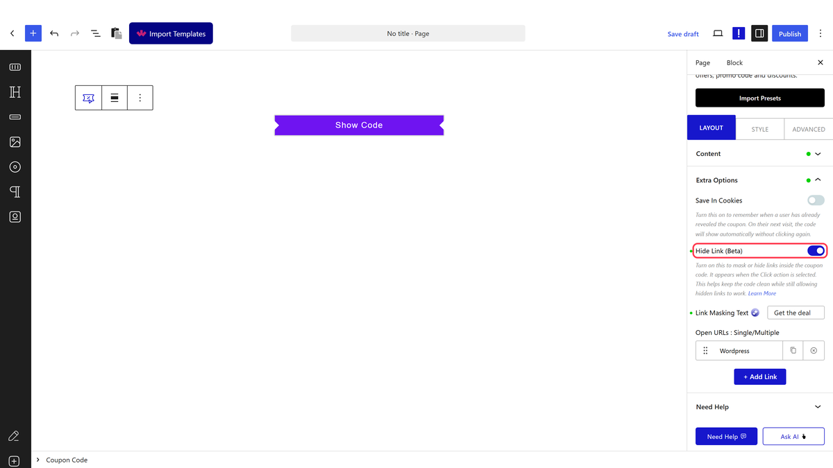 The Hide Link (Beta) setting