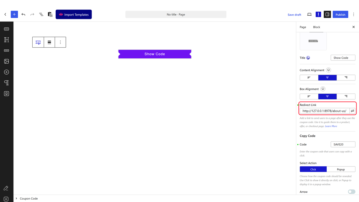 The Redirect Link setting