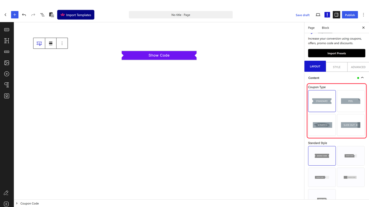 The Coupon Type setting with Standard, Peel, Scratch and Slide Out