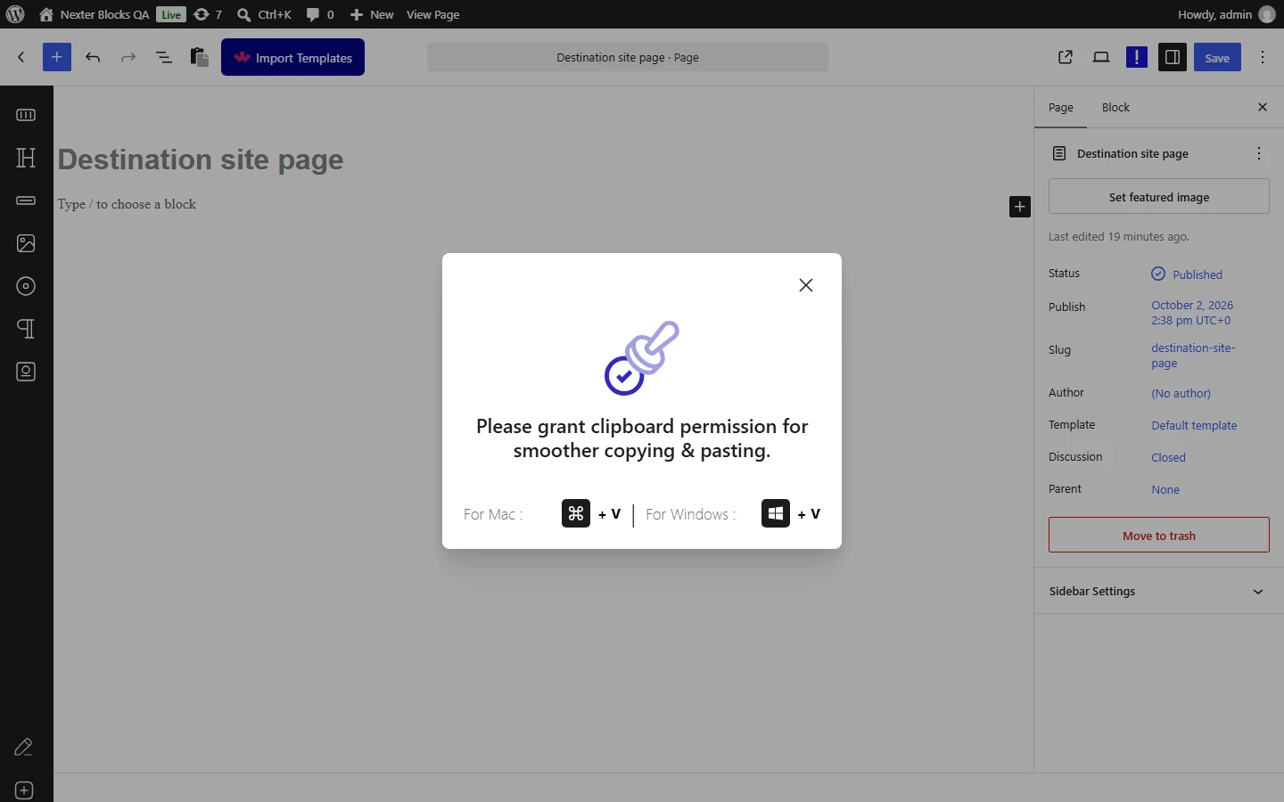 Dialog shown when the browser blocks clipboard access, asking you to press Command or Windows key plus V to paste