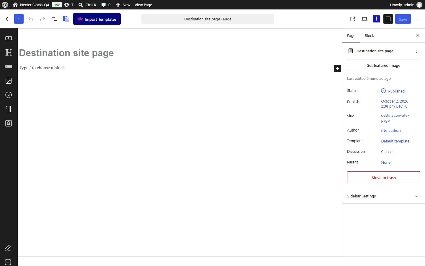 Nexter Blocks editor on an empty destination page with the mouse over the Paste clipboard icon in the top toolbar