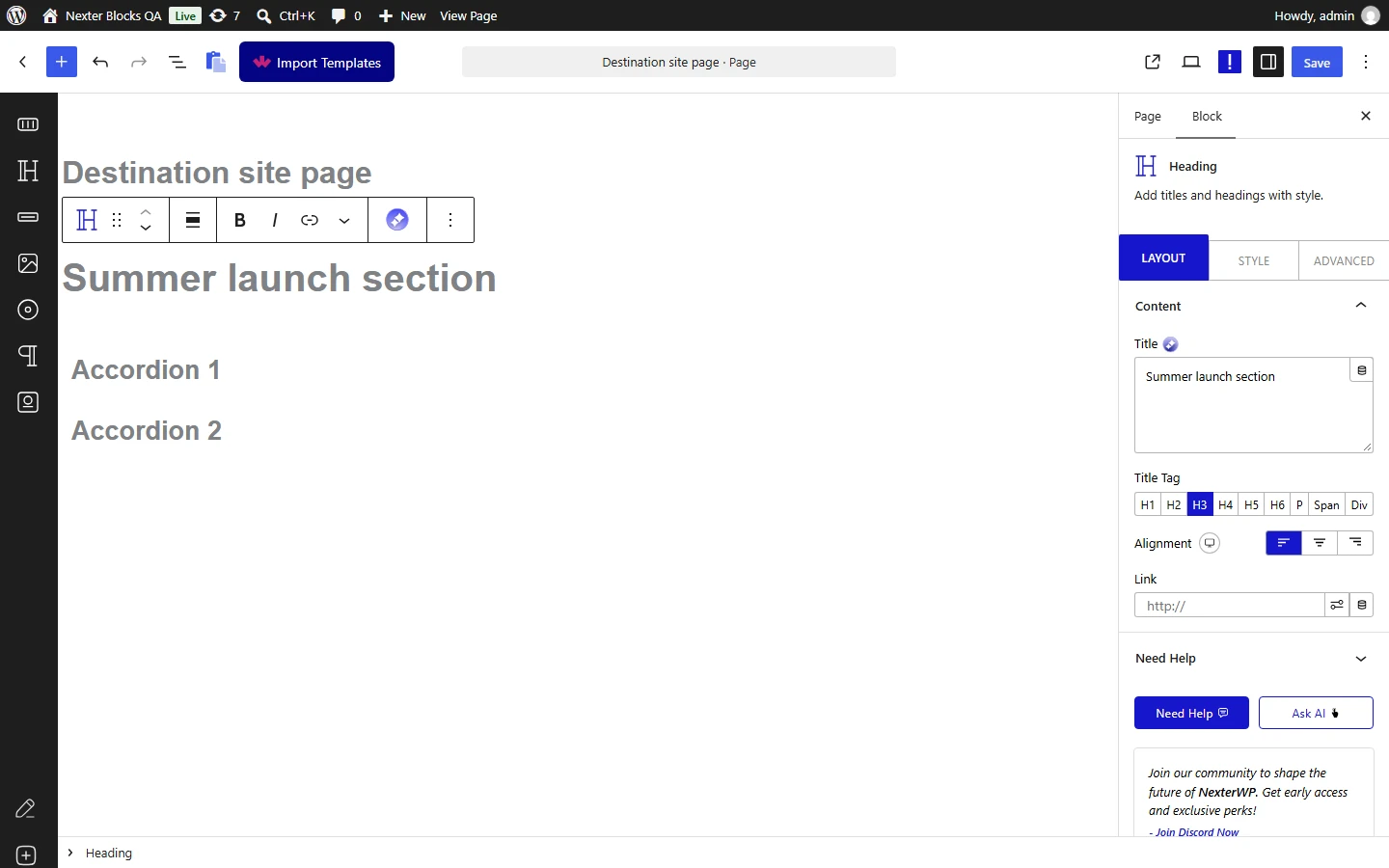 Nexter Blocks editor on the destination page after pasting: a Heading block and an Accordion block that were copied from another page now sit in the canvas, with the Heading settings open in the sidebar