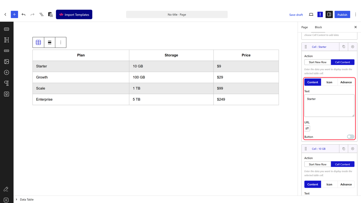 A Table Body cell item with the Text field