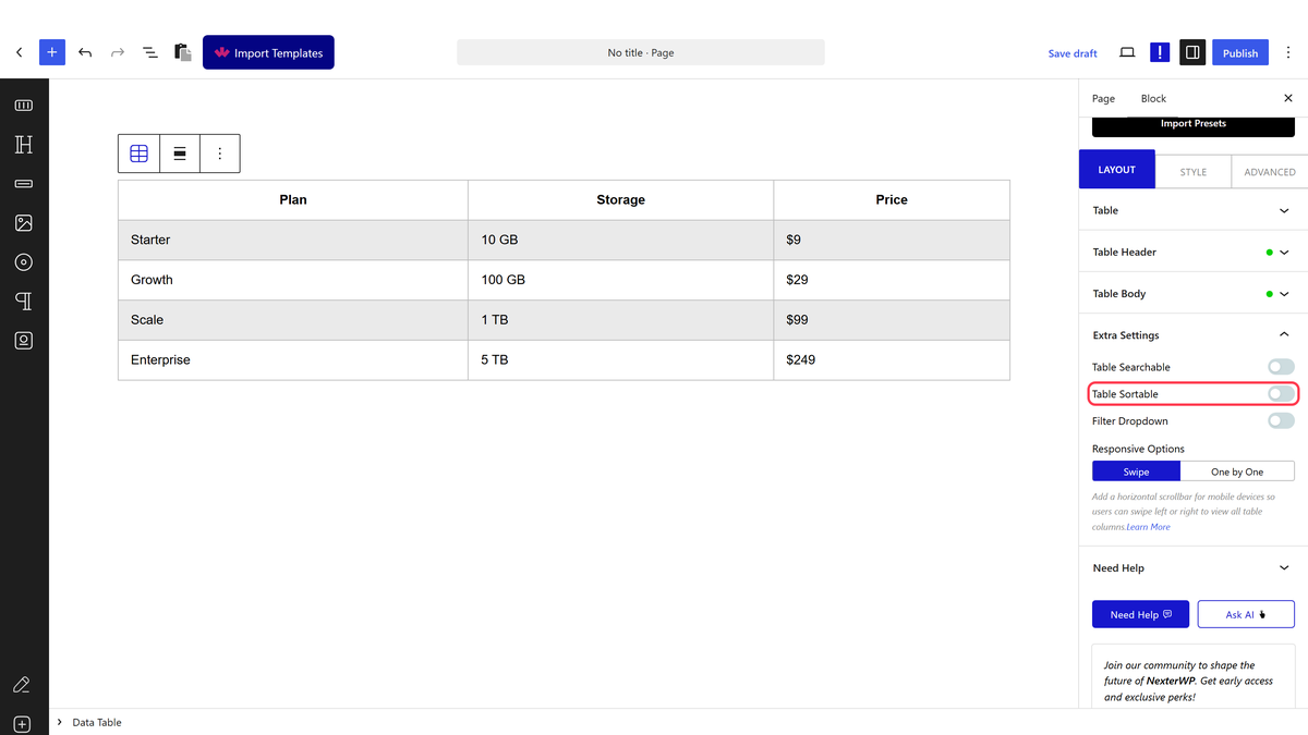 The Extra Settings panel with Table Sortable and the other switches