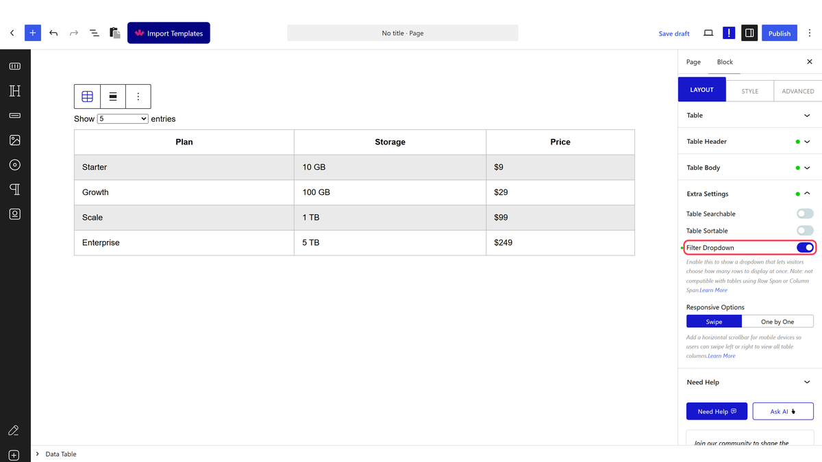 The Extra Settings panel with Filter Dropdown switched on