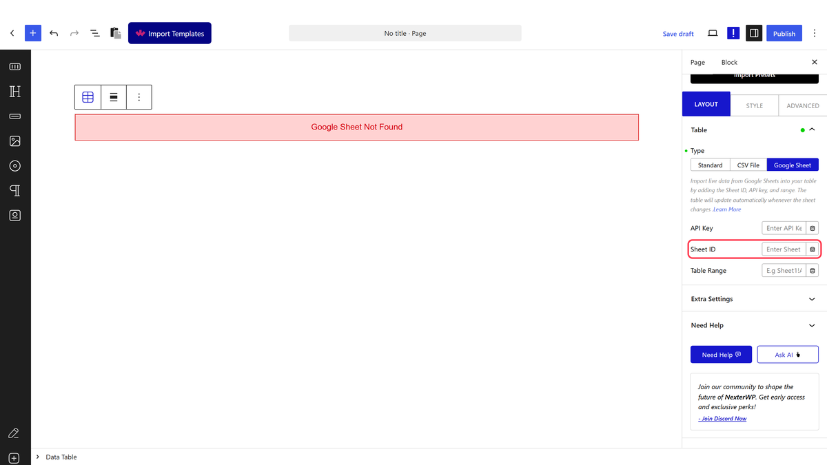 The Sheet ID field in the Table panel