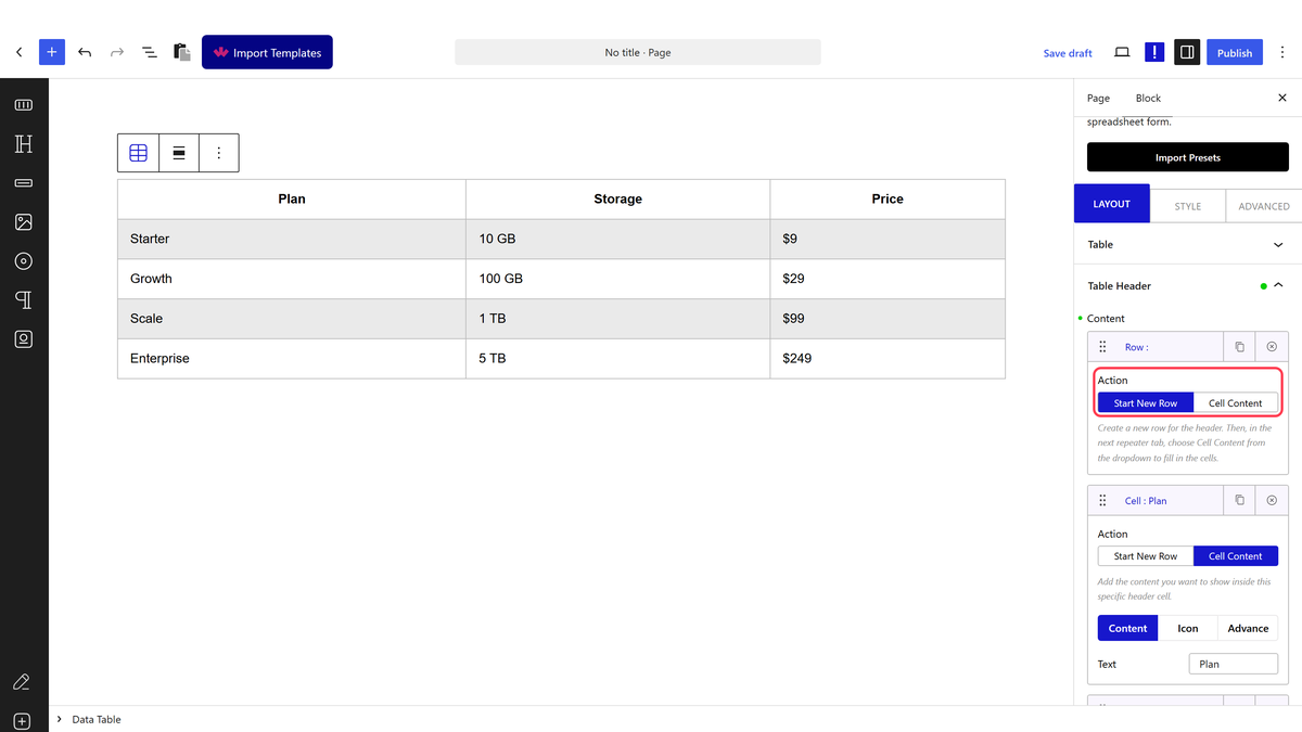 A Table Header item with the Action dropdown