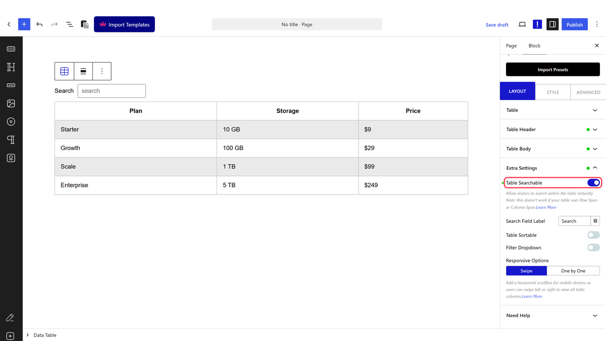 The Extra Settings panel with Table Searchable switched on