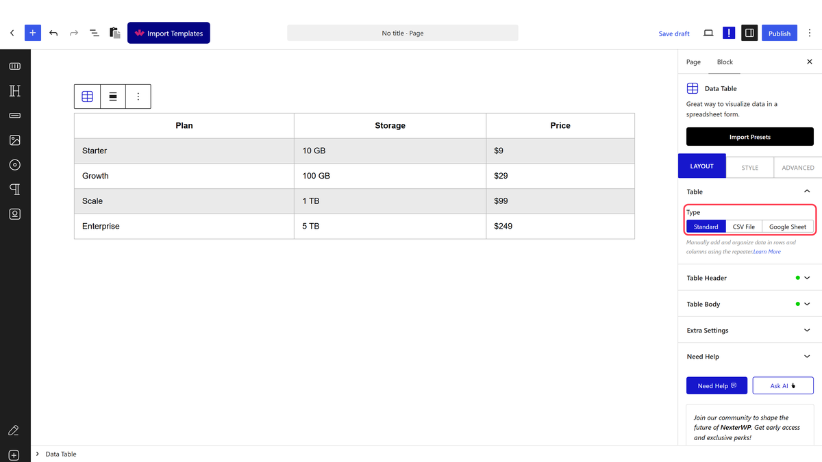 The Table panel with Type set to Google Sheet
