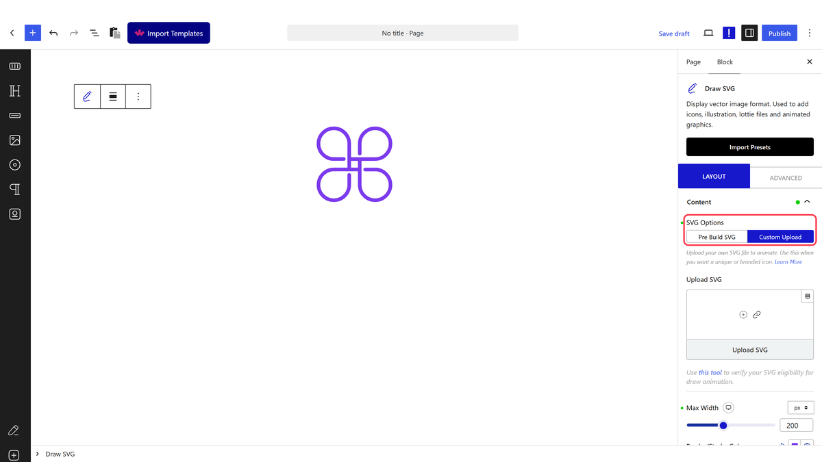 SVG Options set to Custom Upload with the Upload SVG field