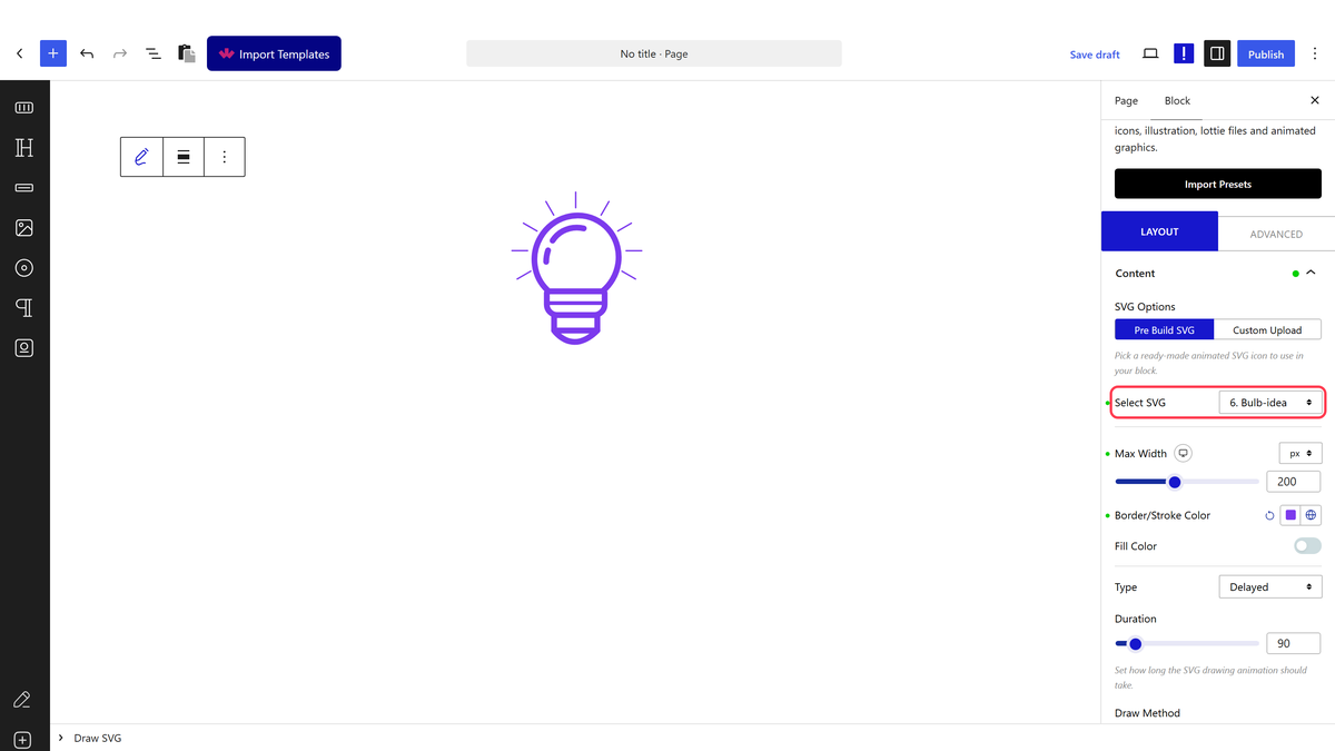 The Content panel with SVG Options and Select SVG