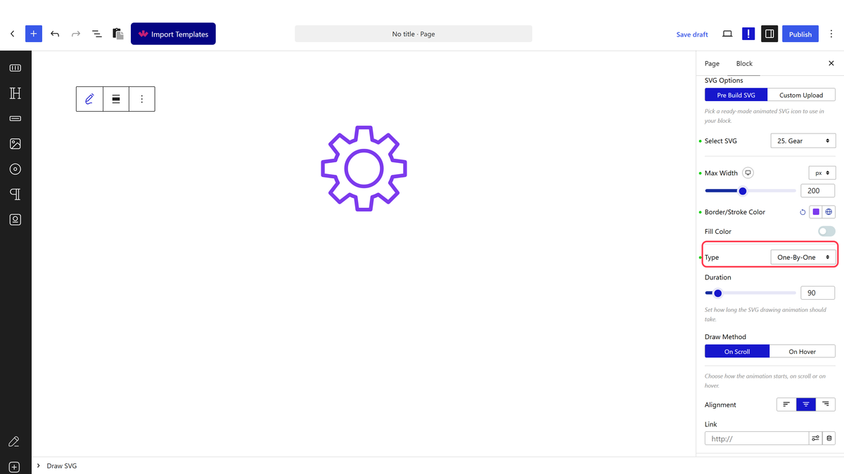 The Type, Duration and Draw Method settings of Draw SVG