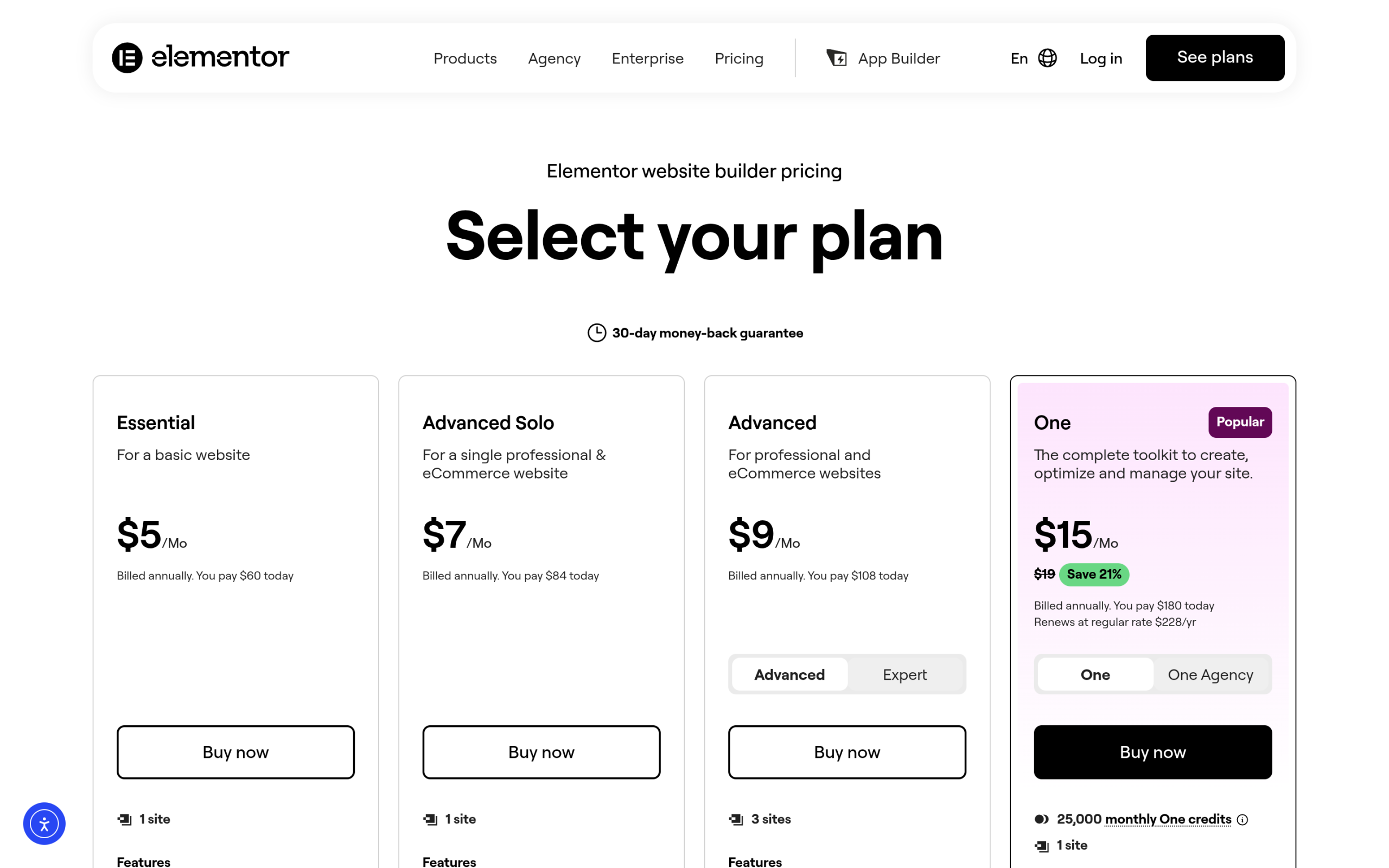 Elementor Pro pricing page live screenshot showing Essential, Advanced, and Expert tiers