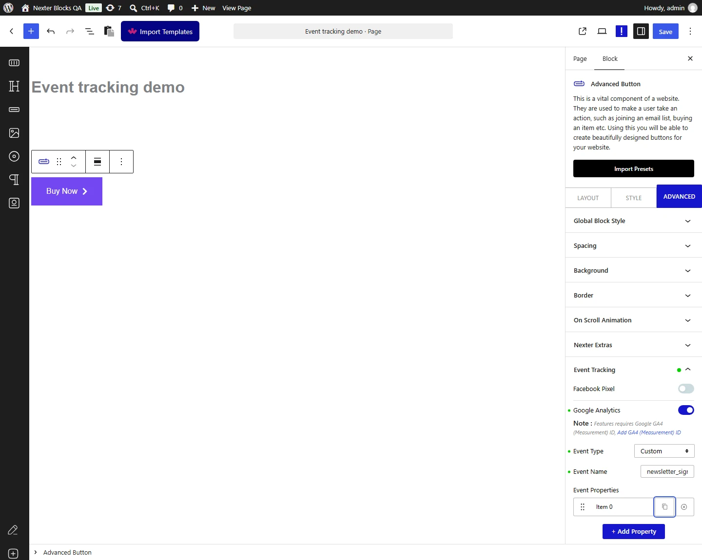 Nexter Blocks editor, Advanced tab, Event Tracking panel with Google Analytics switched on, Event Type set to Custom, an Event Name and the Event Properties list