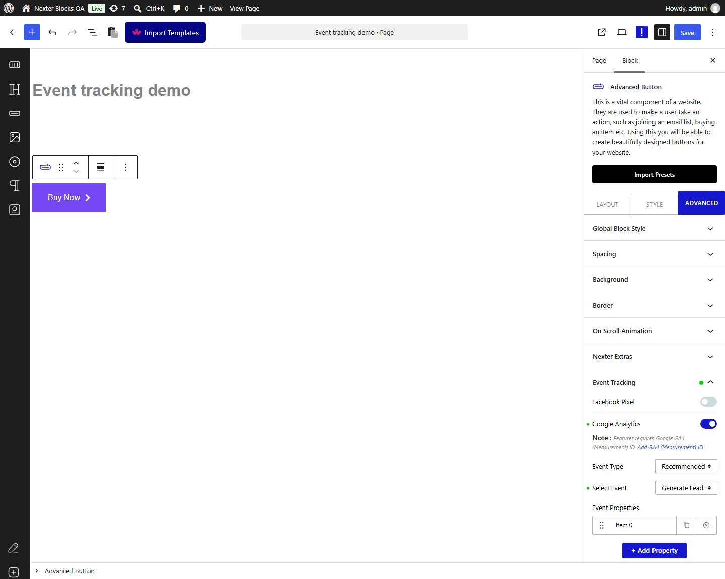 Nexter Blocks editor, Advanced tab, Event Tracking panel with Google Analytics switched on, Event Type set to Recommended and Select Event set to Generate Lead