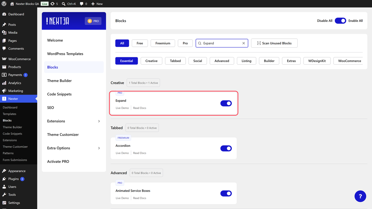 Expand switched on in the Nexter Blocks list