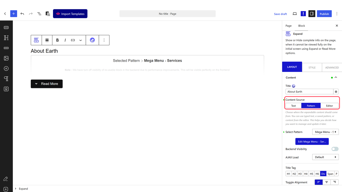 Content Source set to Pattern, with the pattern chooser