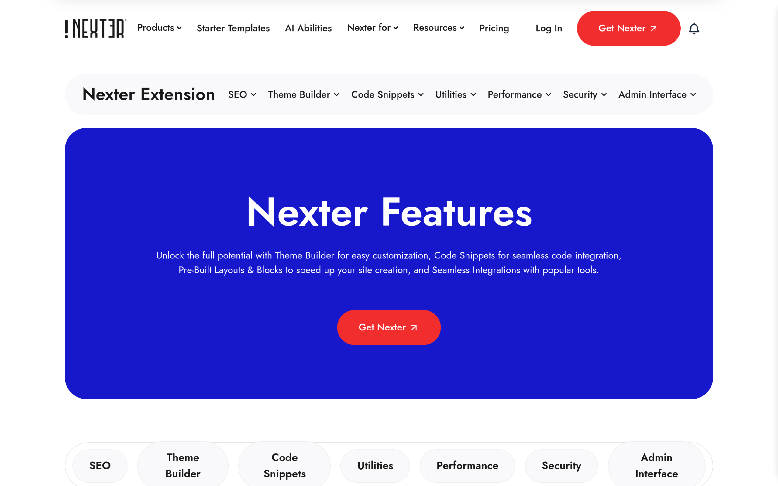 Nexter Extension feature list covering performance booster and security hardening