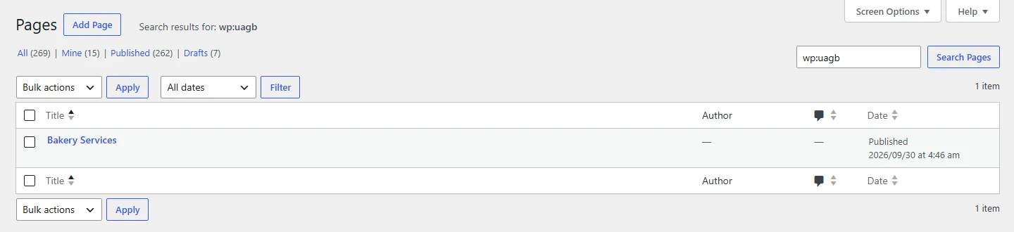 WordPress Pages list filtered by a search for wp:uagb, returning one page called Bakery Services