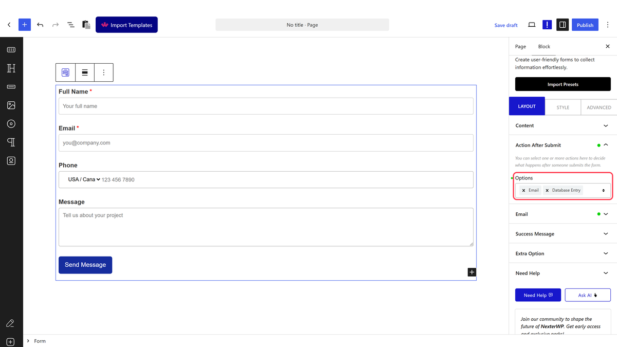 The Action After Submit panel with Options