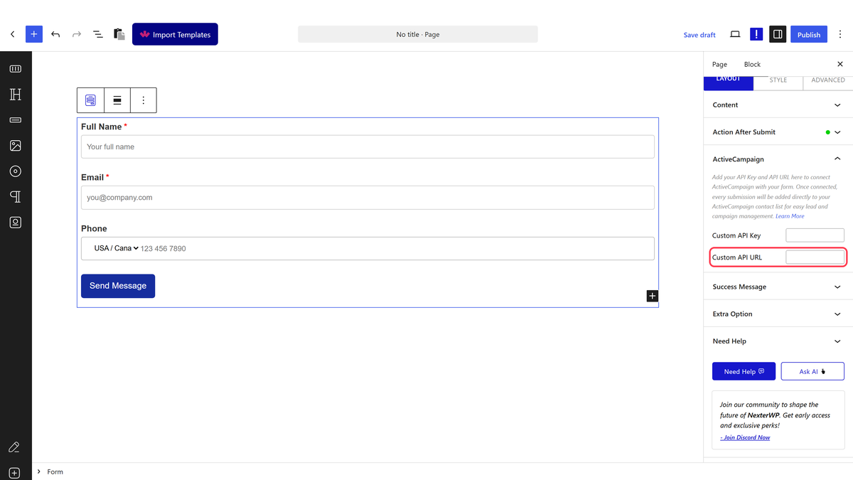 The ActiveCampaign panel with Custom API Key and Custom API URL