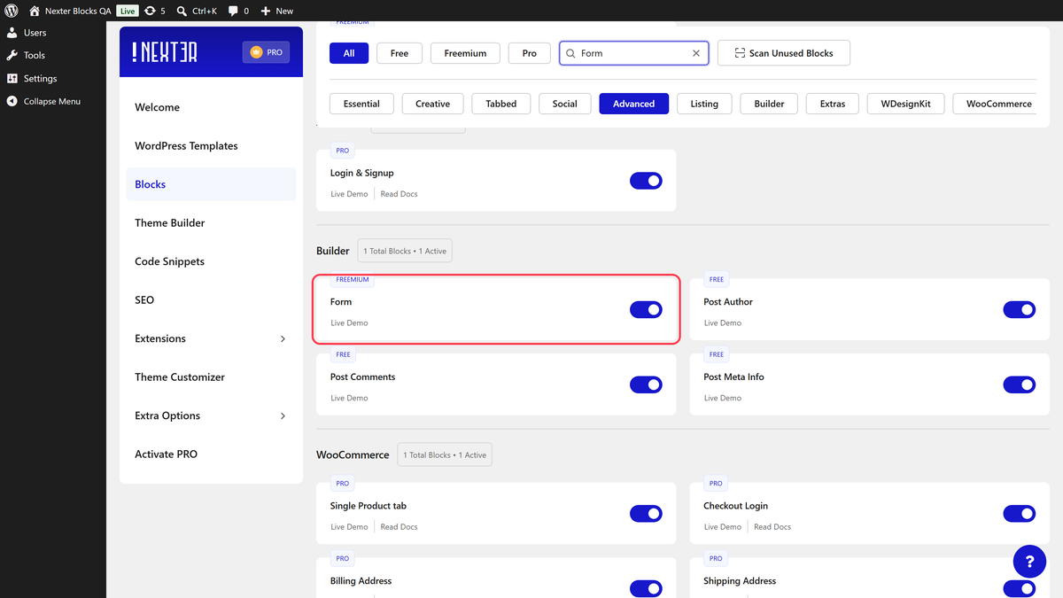 The Nexter Blocks settings page filtered to the Form block