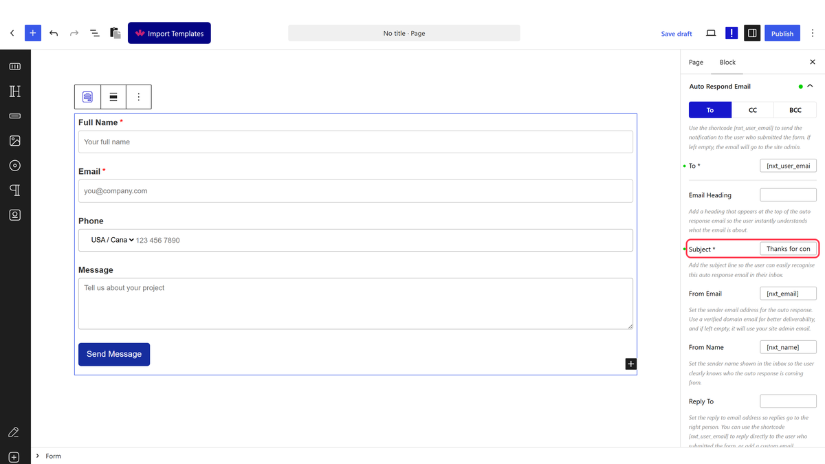 The Auto Respond Email panel with To and Subject