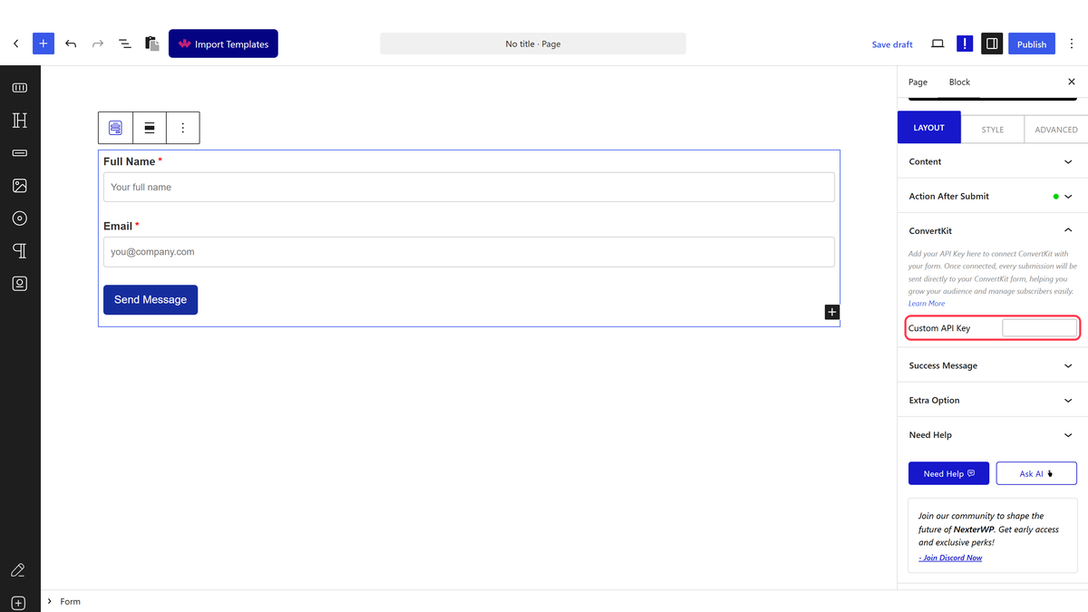 The ConvertKit panel with the Custom API Key field