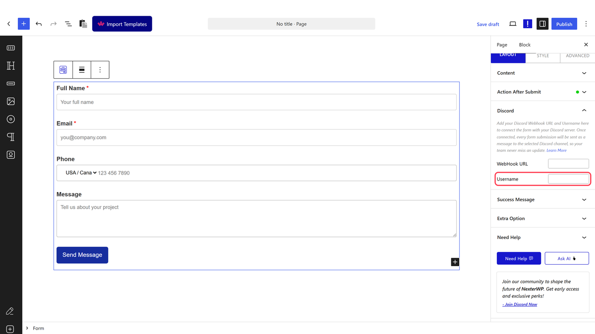 The Discord panel with WebHook URL and Username
