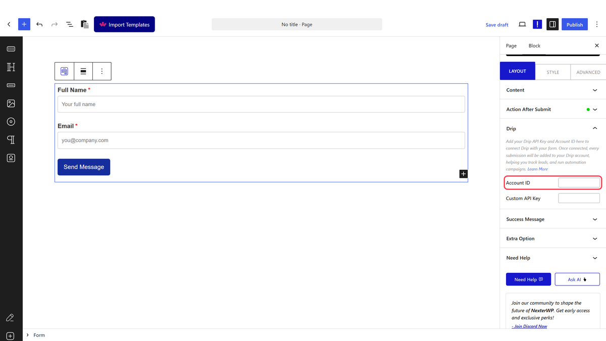 The Drip panel with Account ID and Custom API Key