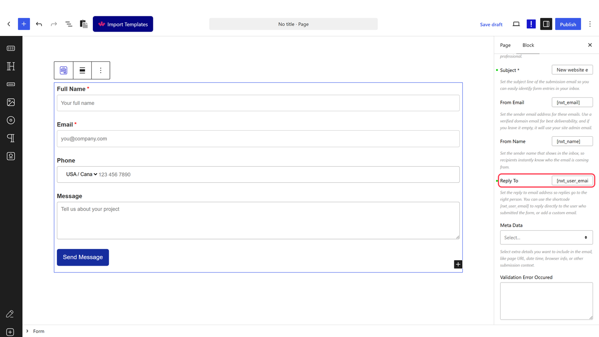 The Email panel with To, Subject, From and Reply To