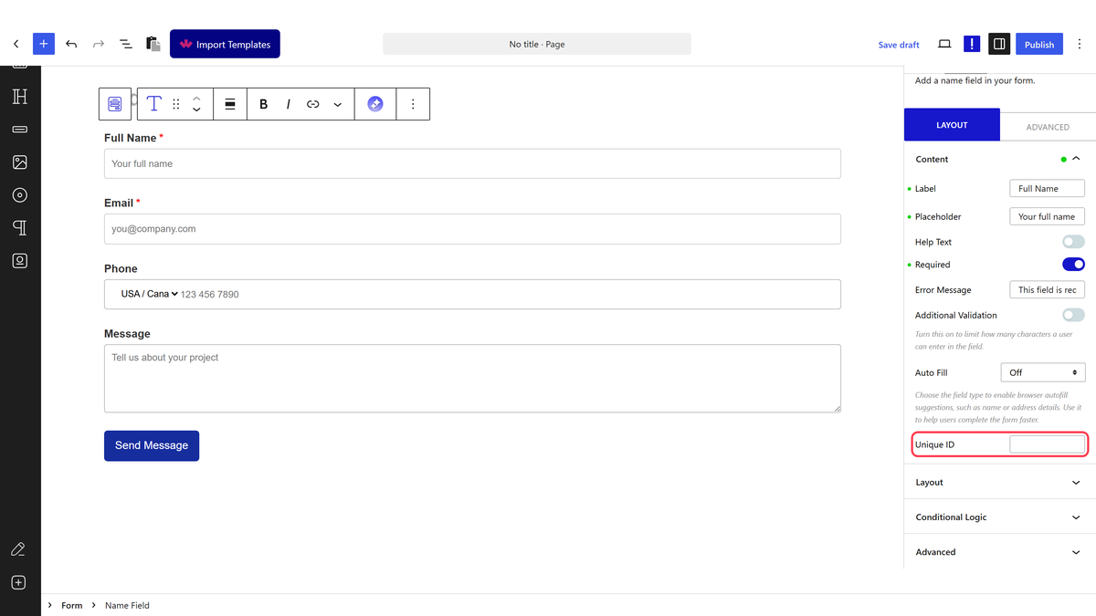A Name Field selected with Label, Placeholder, Required and Unique ID