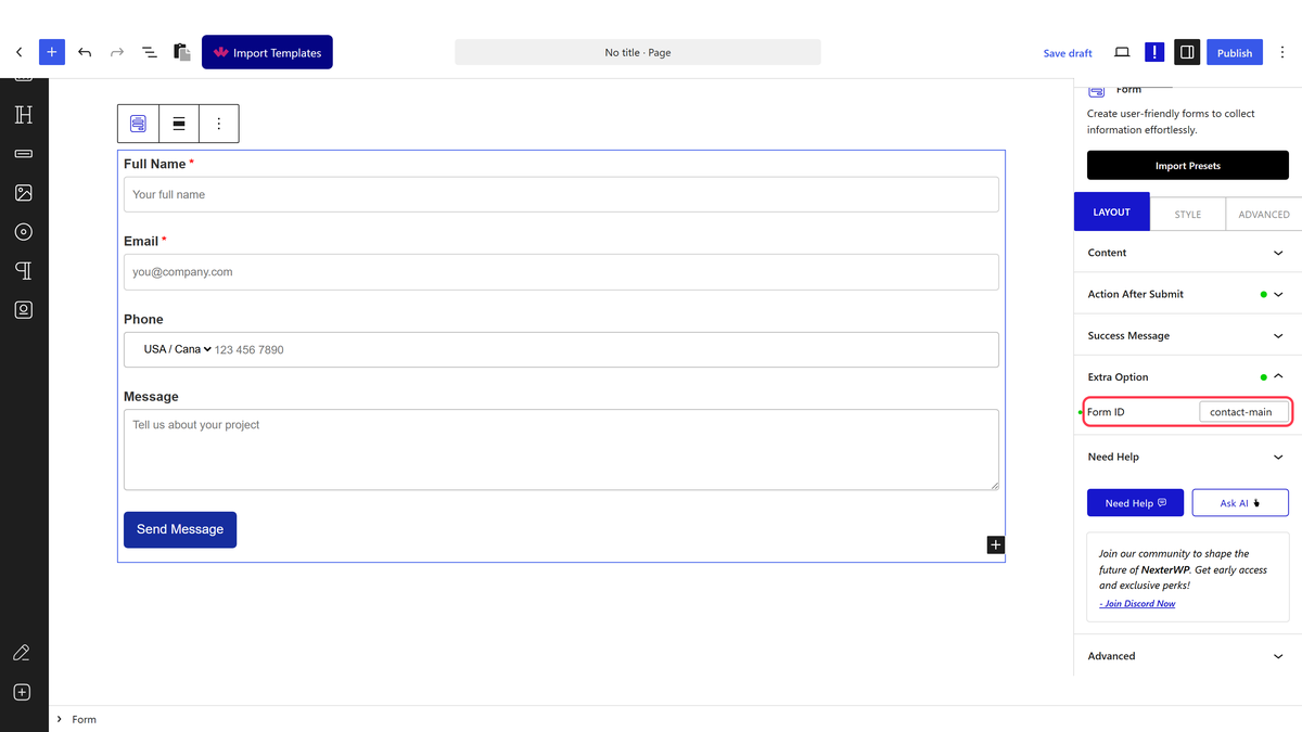 The Extra Option panel with the Form ID field