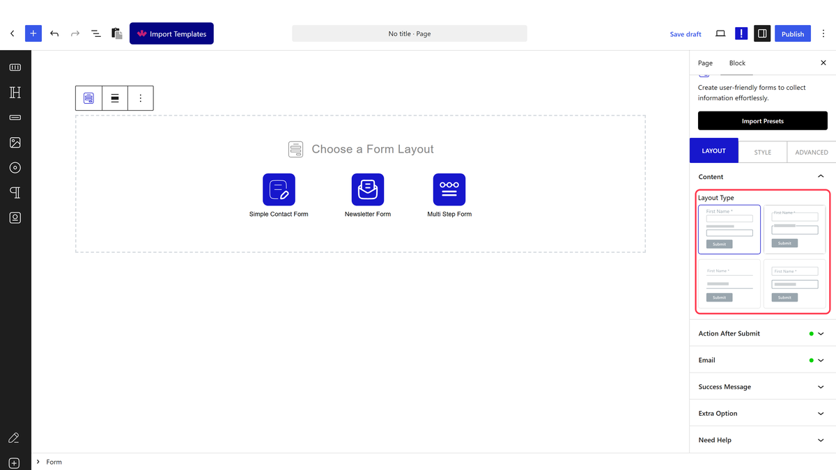 The Choose a Form Layout screen with Simple Contact Form, Newsletter Form and Multi Step Form