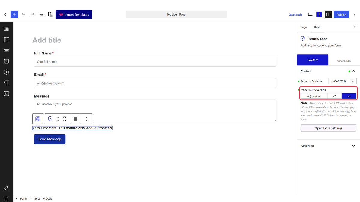 The Security Code field with Security Options set to reCAPTCHA and the reCAPTCHA Version choices