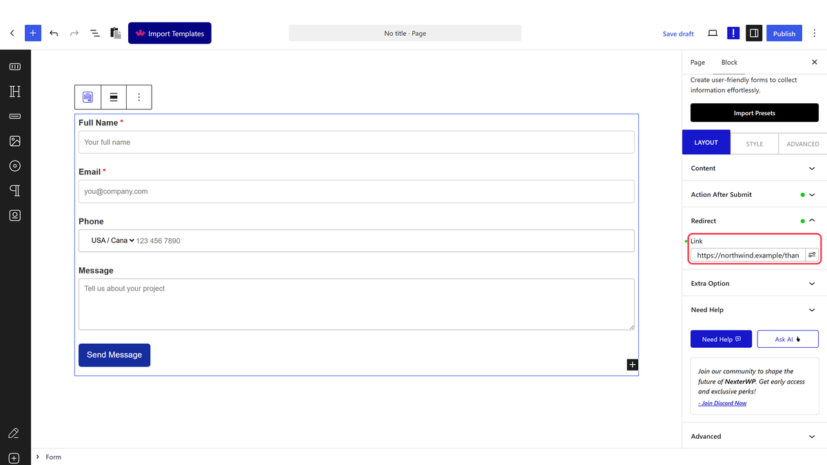 The Redirect panel with the Link field