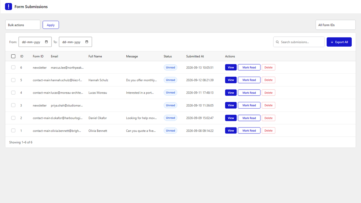 The Form Submissions page with saved entries