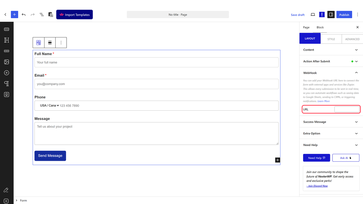 The WebHook panel with the URL field